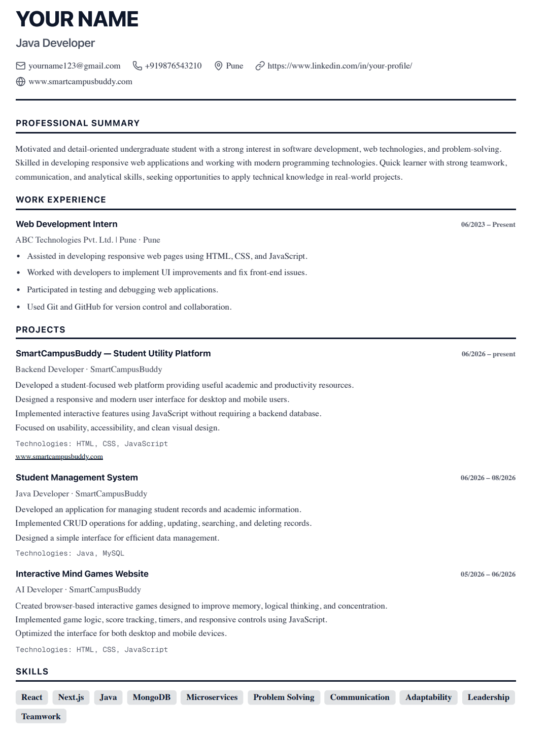 classic resume template preview