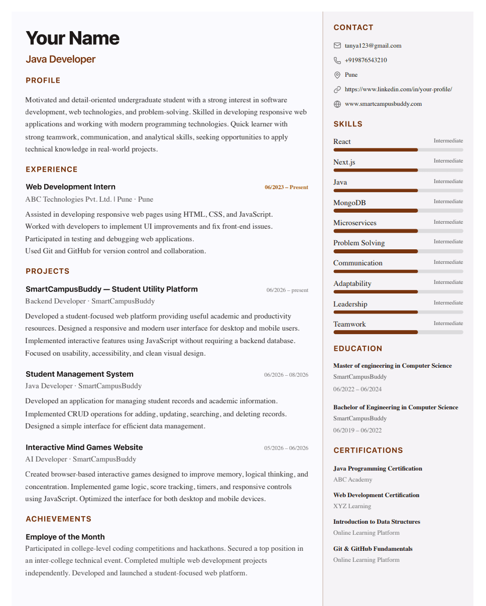 Two-Column Reverse (Skill Bars) resume template preview